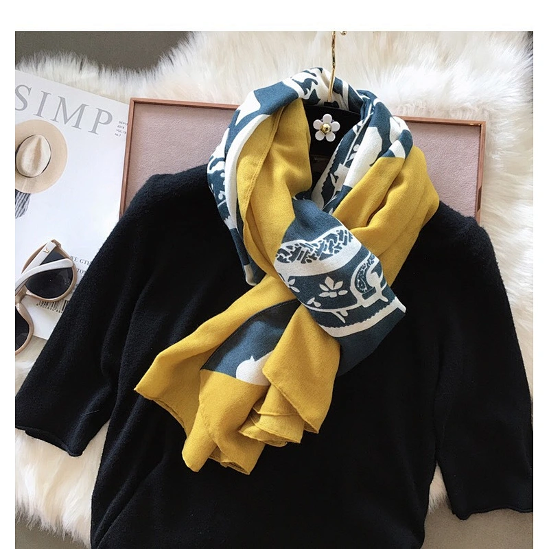 Golden Scarf Female Autumn Winter Korean Version Wild Yellow Graffiti Stitching Dual-Use Long Scarf Shawl