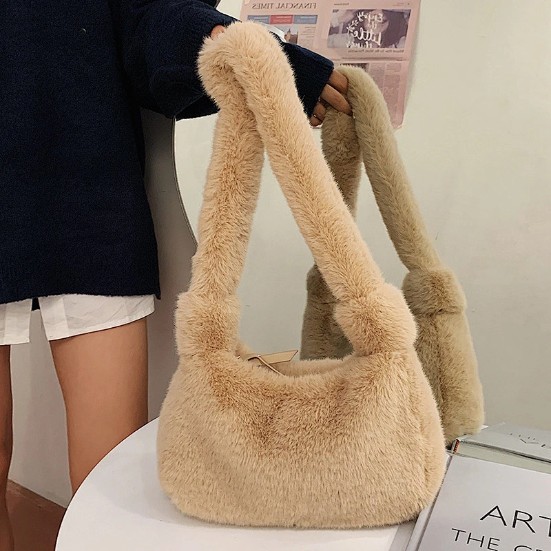 Luxury Winter Fluffy Furry Pink Women Hand Bags Shoulder Bags Purses Fluffy Fur Hobos Girls Underarm Bags