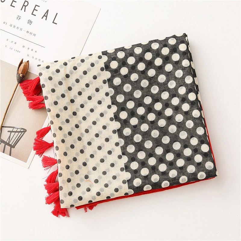 Spring New Korean Version Big Size Dots Hit Color Cotton And Linen Shawl Dual-Use Long Seaside Gauze Scarf Women