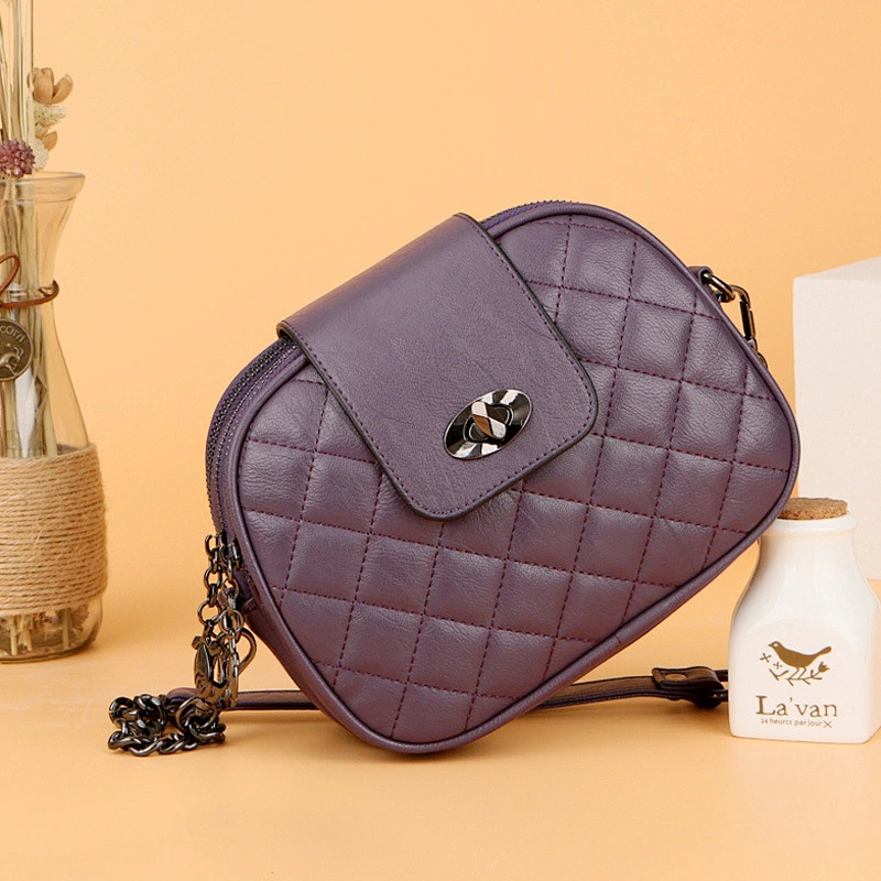 Fashion High Capacity 3 Layer Zipper PU Leather Round Diamond Lattice Messenger Shoulder Bags for Women Purse Bag