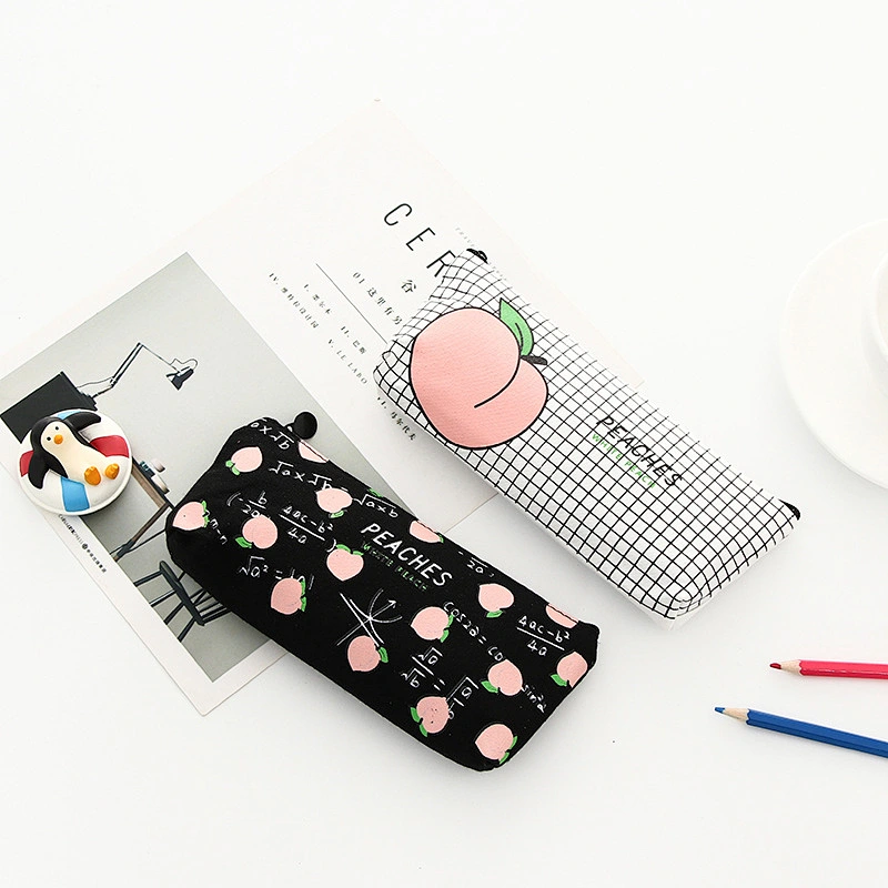 Japanese Cute Fun Letters Peach Student Pencil Case Cotton Pencil Bag Stationery Box Female