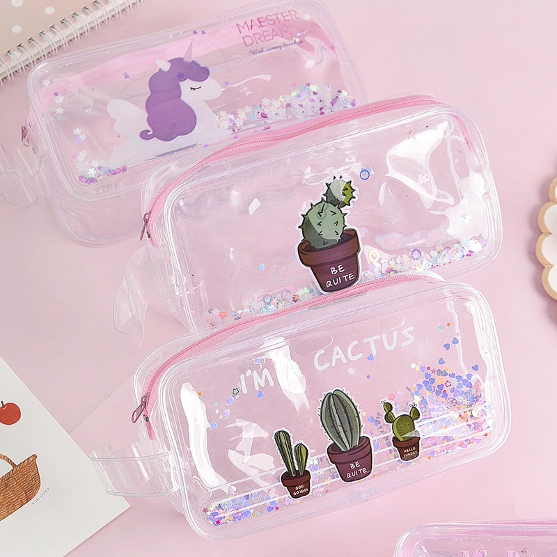 Korean Girl Quicksand Pencil Case Female Ins Simple Creative Sequin Transparent Large Capacity Stationery Bag