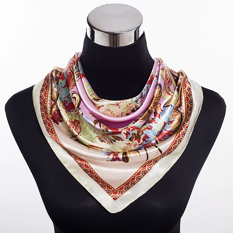 Fashion Female Scarf Cashew Flower Printed Satin Square Scarf Handkerchief 90cm Square Scarf