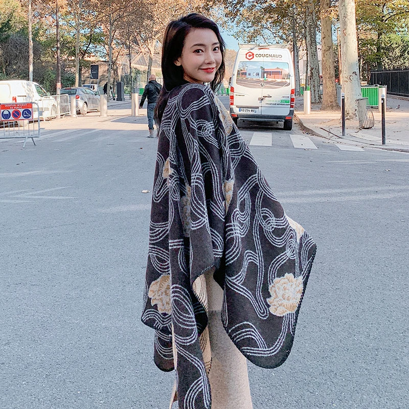 Double-Sided Cloak-Style Korean Version Dual-Use Women's Warmth Thickened National Style Outside Shawl Scarf