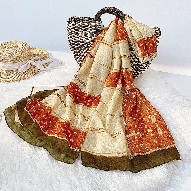 Factory direct check printed silk scarf female mid-long square scarf outdoor beach towel shawl scarf