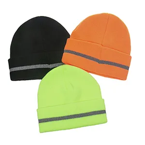 New Style Double-Layer Warm Woolen Hat With Curled Edge Fluorescent Color Reflective Strip Knitted Hat