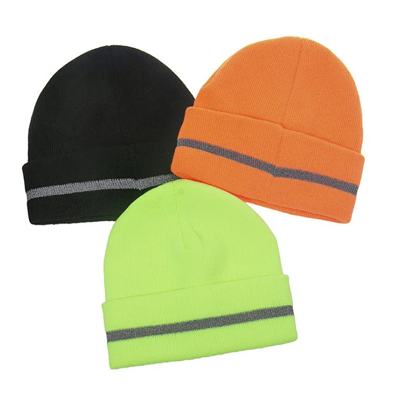 New Style Double-Layer Warm Woolen Hat With Curled Edge Fluorescent Color Reflective Strip Knitted Hat