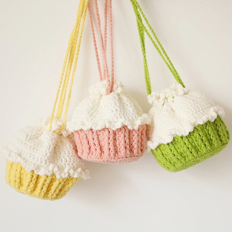 Crochet Braid Cotton Rope Drawstring Shoulder Bag Handmade Cake Shape Beach Straw Crossbody Bag