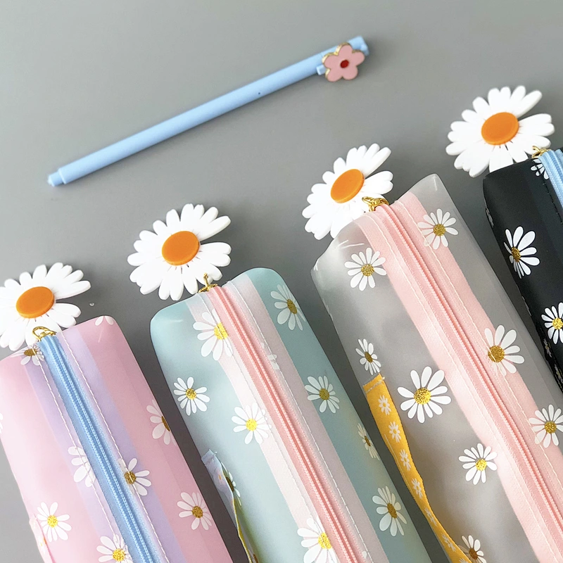 Little Daisy Girl Pencil Case Creative Simple Multifunctional Pure Color School Stationery Pen Packaging Bag