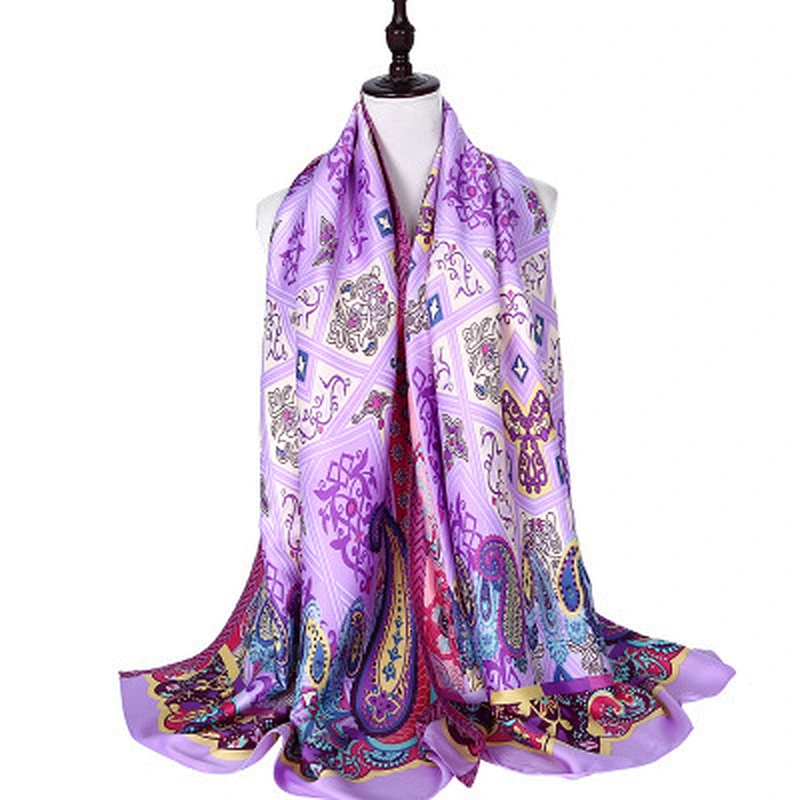 Spring and summer new fashion printed silk scarf long section simulation silk sunscreen beach towel shawl