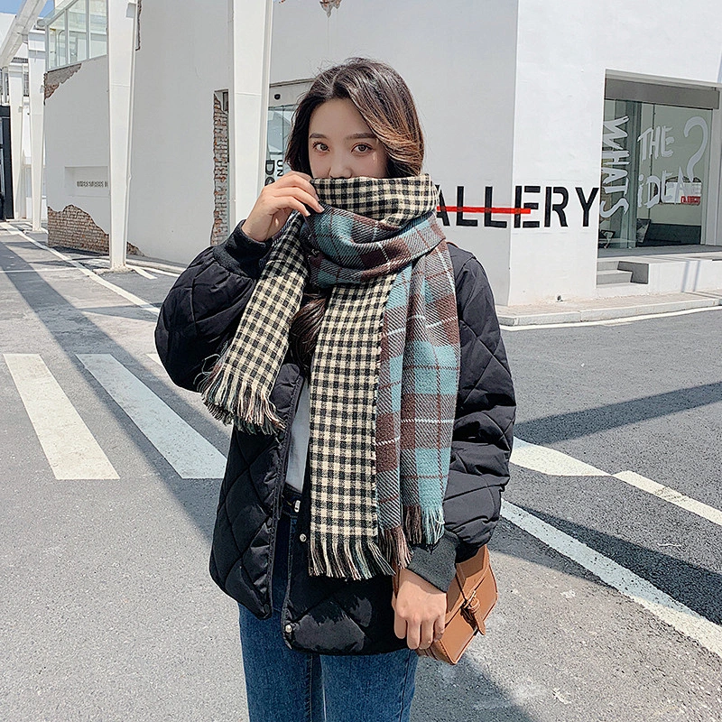 Autumn Winter New Thick Warm Double-Sided Fine Lattice Scarf Cashmere Women Printed Fringed Grid Scarf