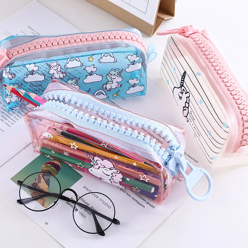 Wholesale Kids Cute Big Zipper Pencil Case Student PVC Storage Organizer Cartoon Unicorn Pen Bag