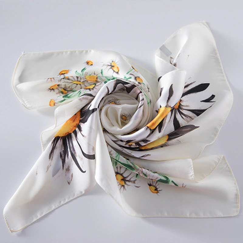 Small chrysanthemum scarf literary style square scarf pure silk edge scarf women printed