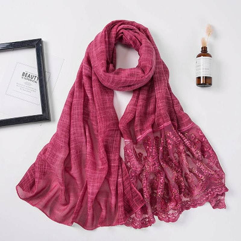 Solid color tie-dyed cotton monochrome women hijab lace rhinestone stitching fashion long scarf