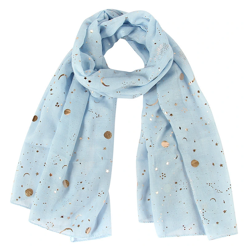 Cheap wholesale breathable Gold stamping star moon custom polyester voile scarf