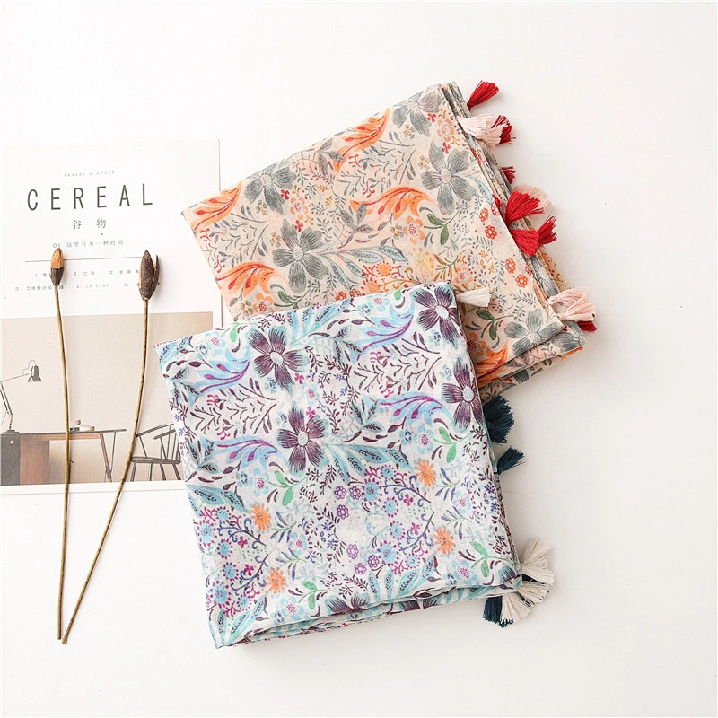 2020 Original Gauze Sunscreen Shawl Small Fresh Plant Flower Printing Cotton And Linen Feel Fringed Scarf