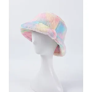2020 Bucket Hat Rainbow Color Stylish Tie-Dyed Warm Furry Bucket Hats Colorful Fur Hat