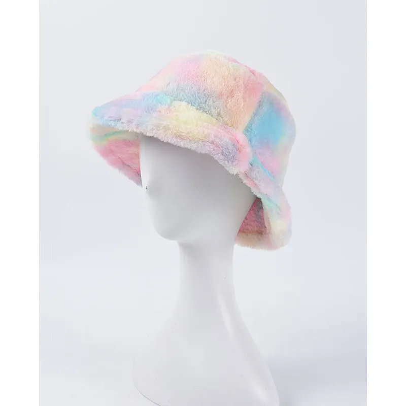 2020 Bucket Hat Rainbow Color Stylish Tie-Dyed Warm Furry Bucket Hats Colorful Fur Hat