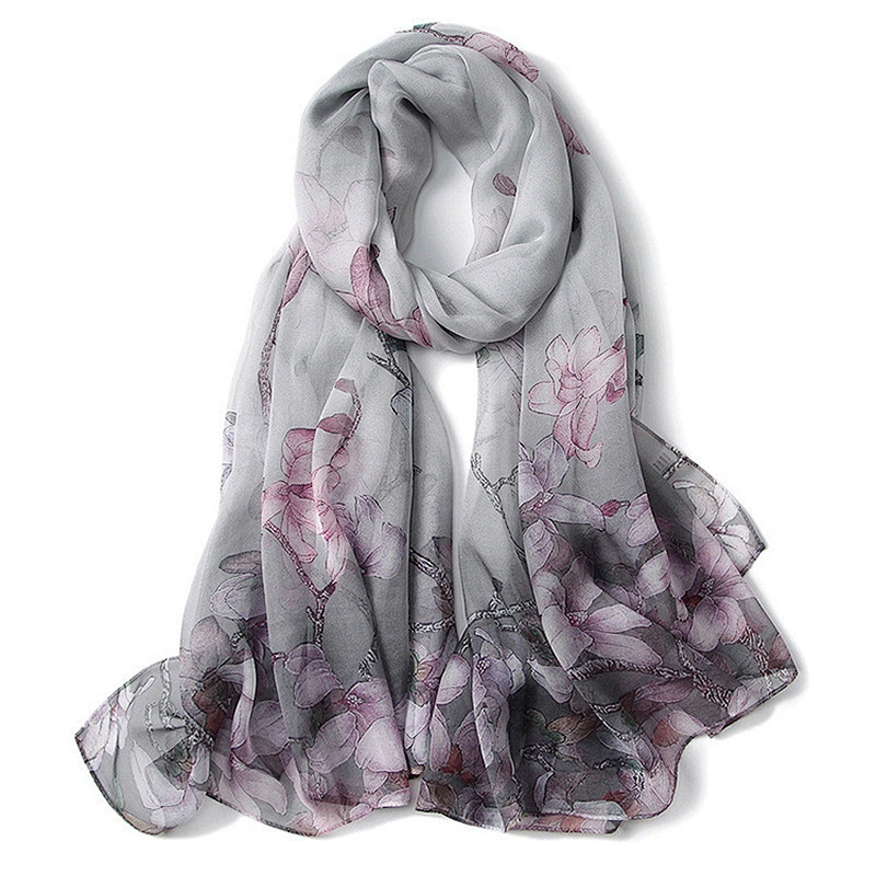 Wholesale 2020 latest chinese slim flower print ladies 100% pure silk scarf