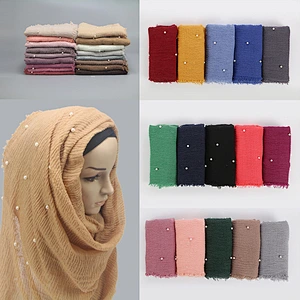 Hot Sale Women's Scarf Solid Color High Quality Fringe Pearl turkish plain crinkle cotton hijab  scarf