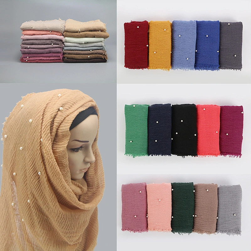 Hot Sale Women's Scarf Solid Color High Quality Fringe Pearl turkish plain crinkle cotton hijab  scarf