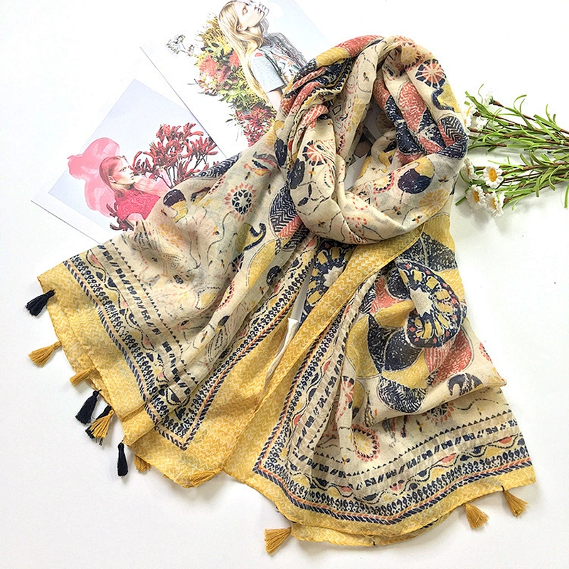 Dark Ginger Yellow Tassel Ethnic Style Seaside Beach Travel Photo Thin Sunscreen Dual-Use Scarf Shawl