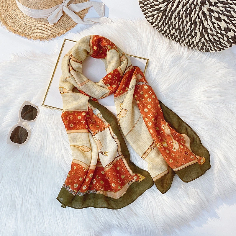 Factory direct check printed silk scarf female mid-long square scarf outdoor beach towel shawl scarf