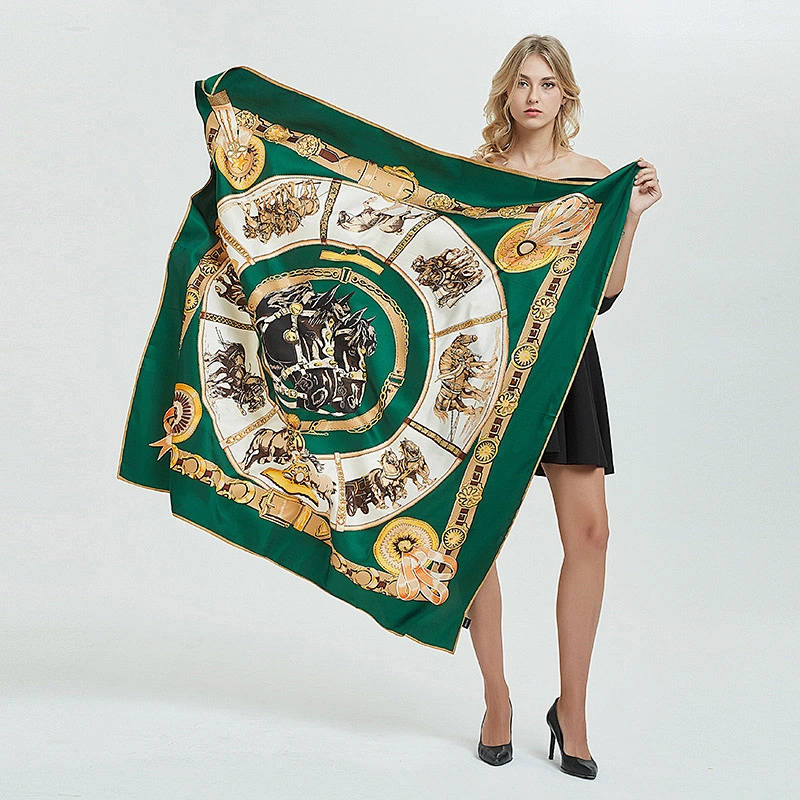 New Hot Sale 130*130cm Chain Horse Pattern Twill Silk Scarf Travel Vacation Sunscreen Shawl