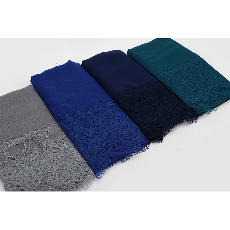 Cheap  Wholesale Monochrome Cotton Linen Lace Hijab Muslim Stitching Scarf
