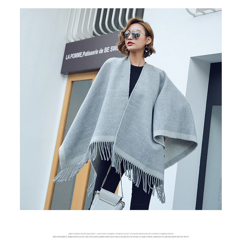 European American Style Split Shawl Cloak Double-Sided Monochrome Cashmere Scarf Warm Oversized Shawl