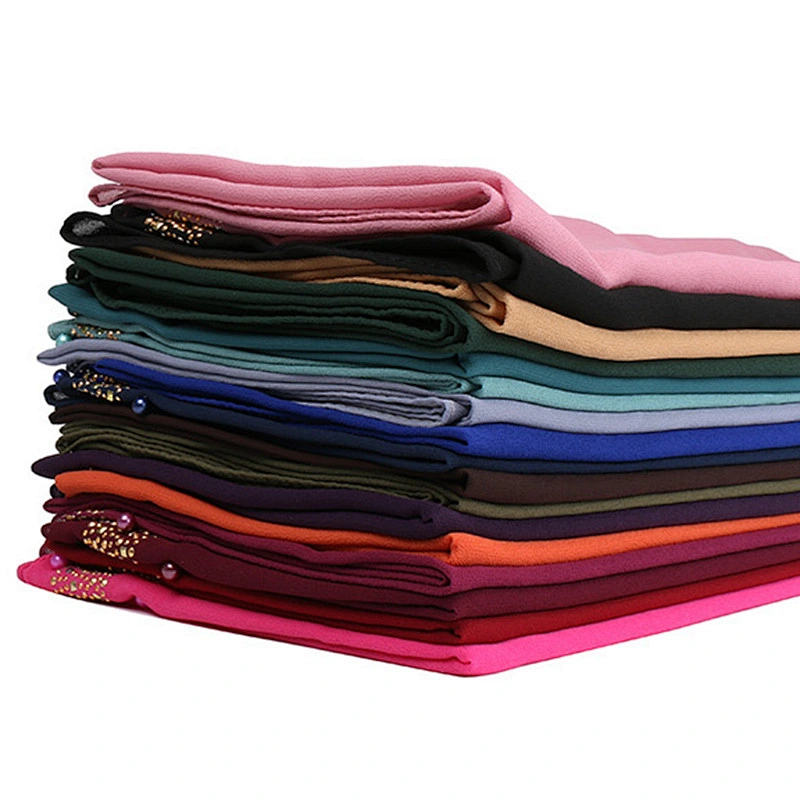 Islamic Lady pure color hot drill pearl women scarf chiffon muslim pearl hijab scarf