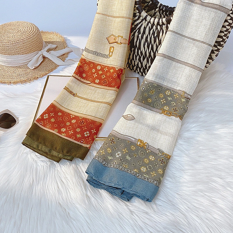 Factory direct check printed silk scarf female mid-long square scarf outdoor beach towel shawl scarf