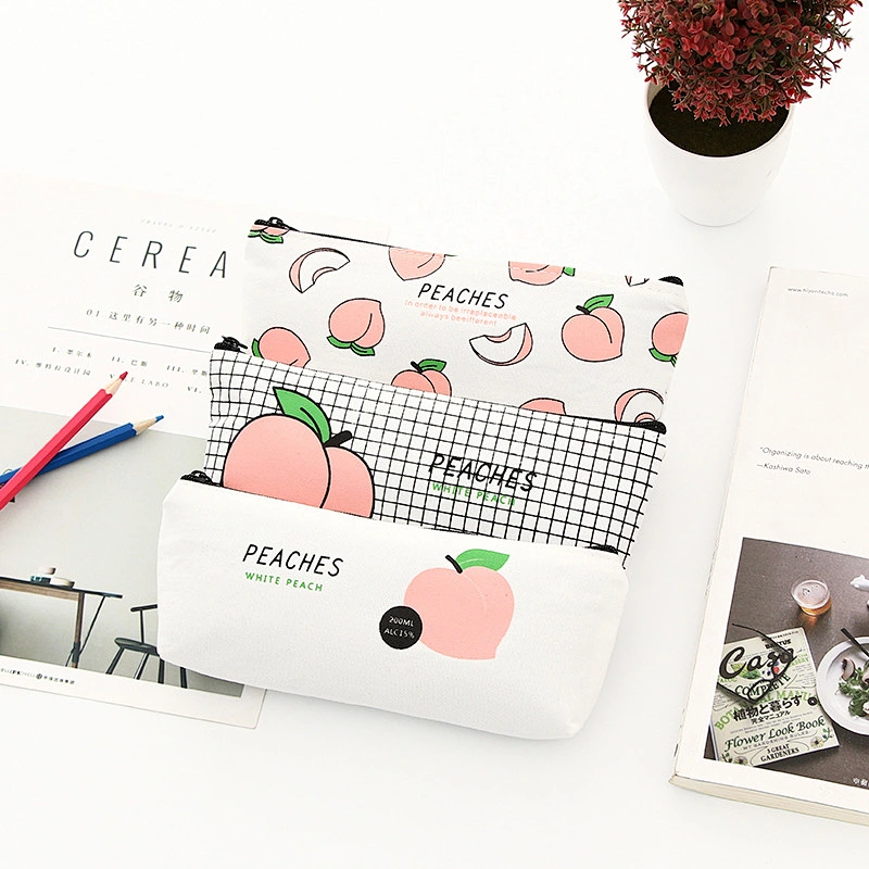 Japanese Cute Fun Letters Peach Student Pencil Case Cotton Pencil Bag Stationery Box Female