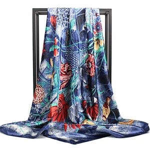 Manufacturers selling Floral printed color contrast silk scarves large square scarf 90 * 90cm ladies shawl scarf
