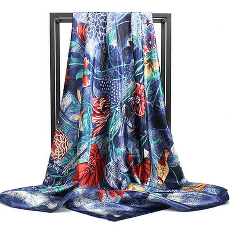 Manufacturers selling Floral printed color contrast silk scarves large square scarf 90 * 90cm ladies shawl scarf
