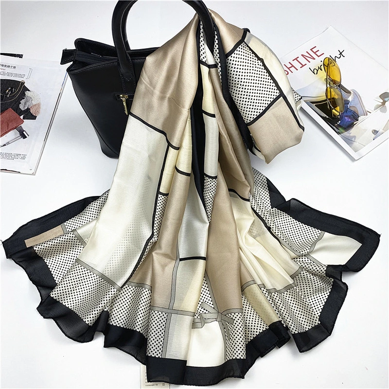 Large Size Summer Travel Sunscreen Ladies Scarf Korean Scarf Female Stitching Polka Dot Satin Printed Silk Scarf