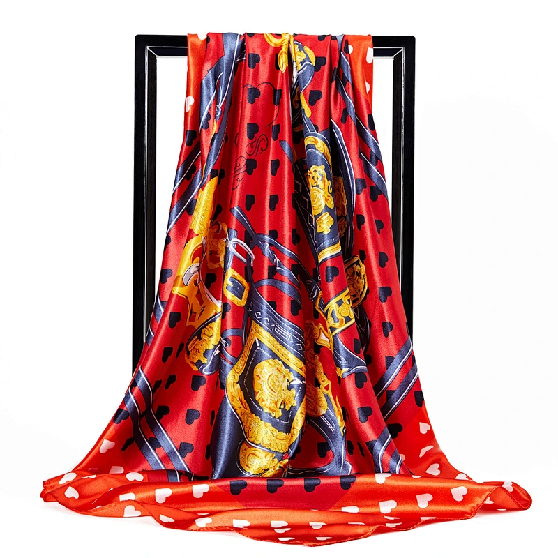 Spot wholesale female 90CM square scarf fashion heart printed simulation silk scarf
