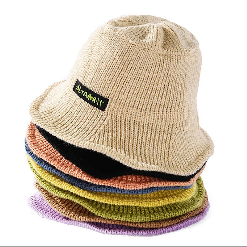 Lady Winter Plain Wide Brim Fashion Warm Terry Labeled Knitted Wool Bucket Hat