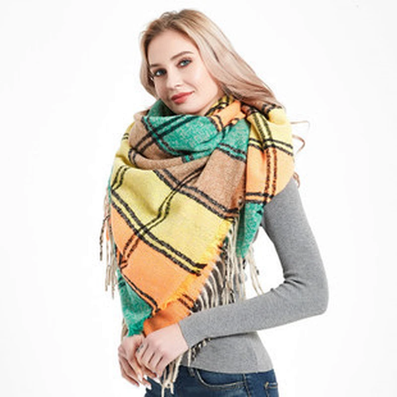 Factory Direct Europe America Autumn Winter Cashmere Double-Sided Colorful Plaid Square Scarf, Ladies Shawl Wholesale