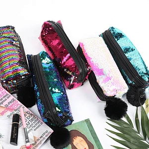 New Style Trendy Plush Ball Zipper Creative Portable Practical Sparkling Sequin Makeup Bags For Ladies