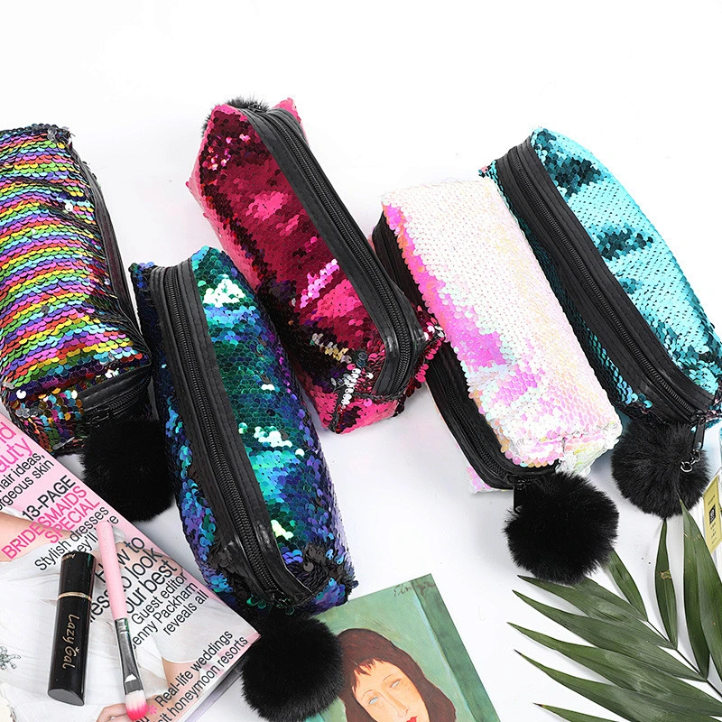 New Style Trendy Plush Ball Zipper Creative Portable Practical Sparkling Sequin Makeup Bags For Ladies