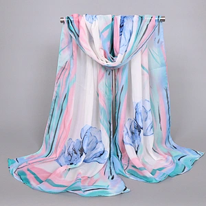 In Stock Floral Print Scarf Women Shawl Elegant Thin Sunscreen Sun-resistant Beach Towel Scarves Chiffon Hijab