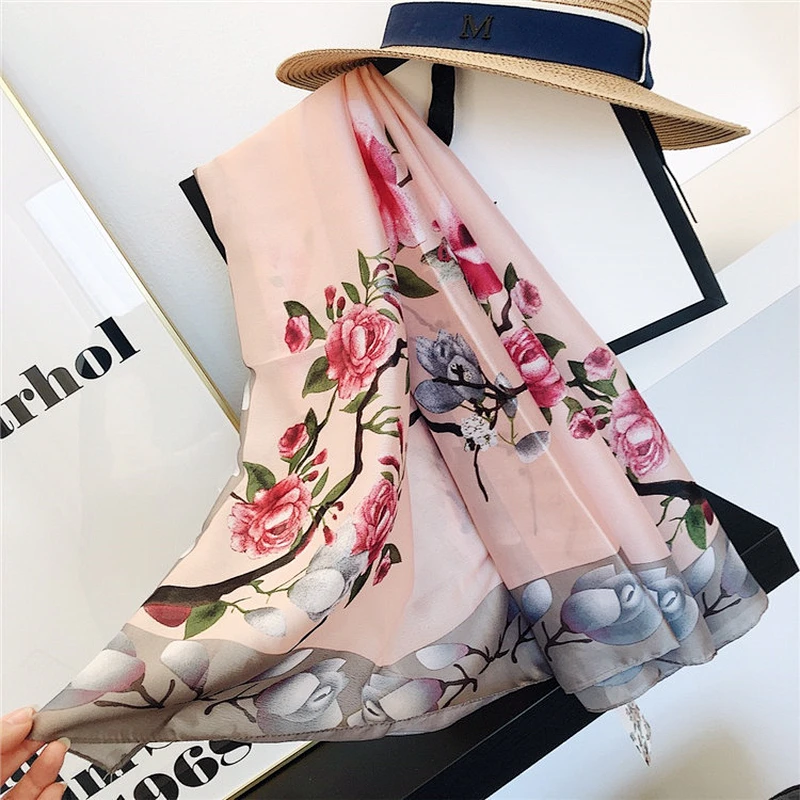 New Spring Summer Beach Scarves Ladies Travel Vacation Sunscreen Silk Scarf Big Flower Printing Long Shawl