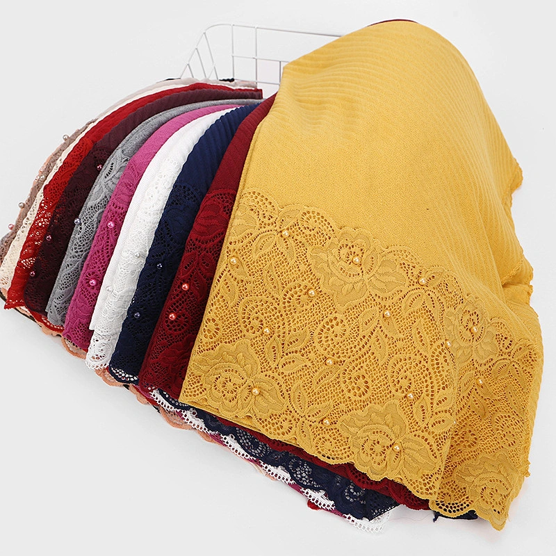 Single Color Cotton Crease Women'S Long Lace Stitching Pearl Length Wholesale Lace Hijab Scarf