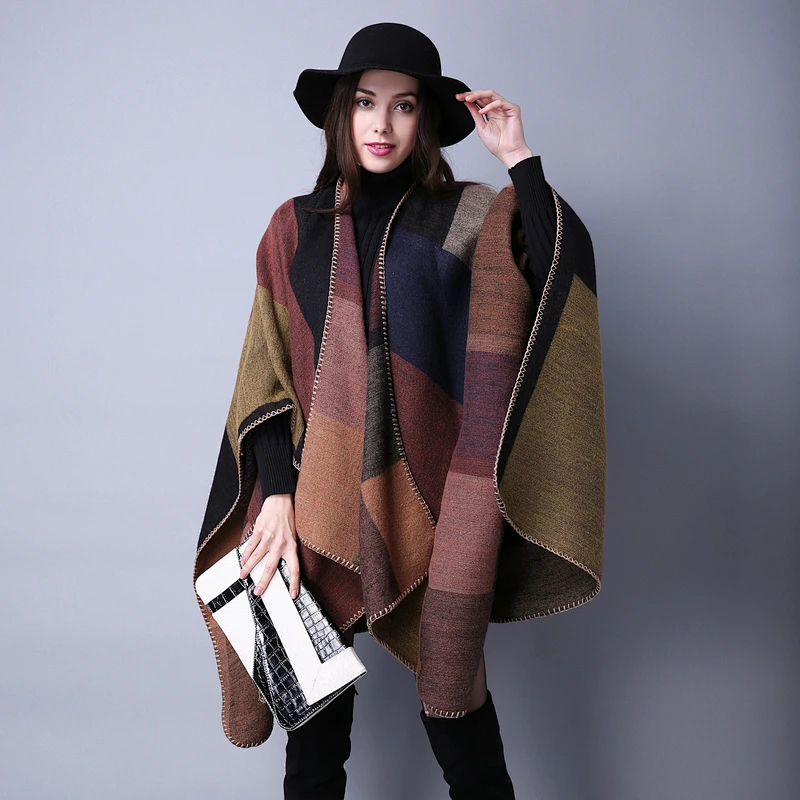 Autumn Winter Scarf Lattice Ladies Travel Shawl Cashmere European Ethnic Wind Split Thick Cloak