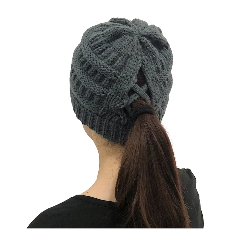 Hot Sale Autumn  Winter Pure Color Wool Hat Low Ponytail Back Hollow Split Knit Hat