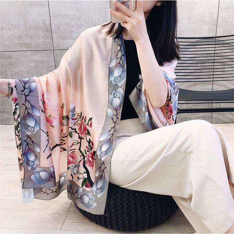 New Spring Summer Beach Scarves Ladies Travel Vacation Sunscreen Silk Scarf Big Flower Printing Long Shawl