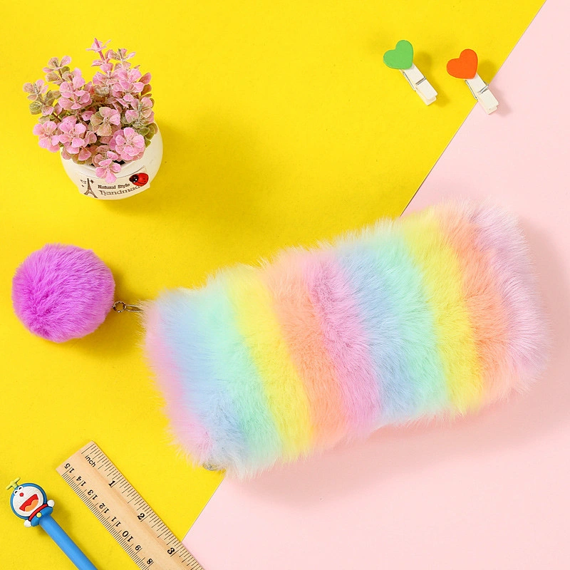 Color Plush New Rainbow Color Plush Pencil Bag Student Stationery Lady Plush Laser Pencil Case