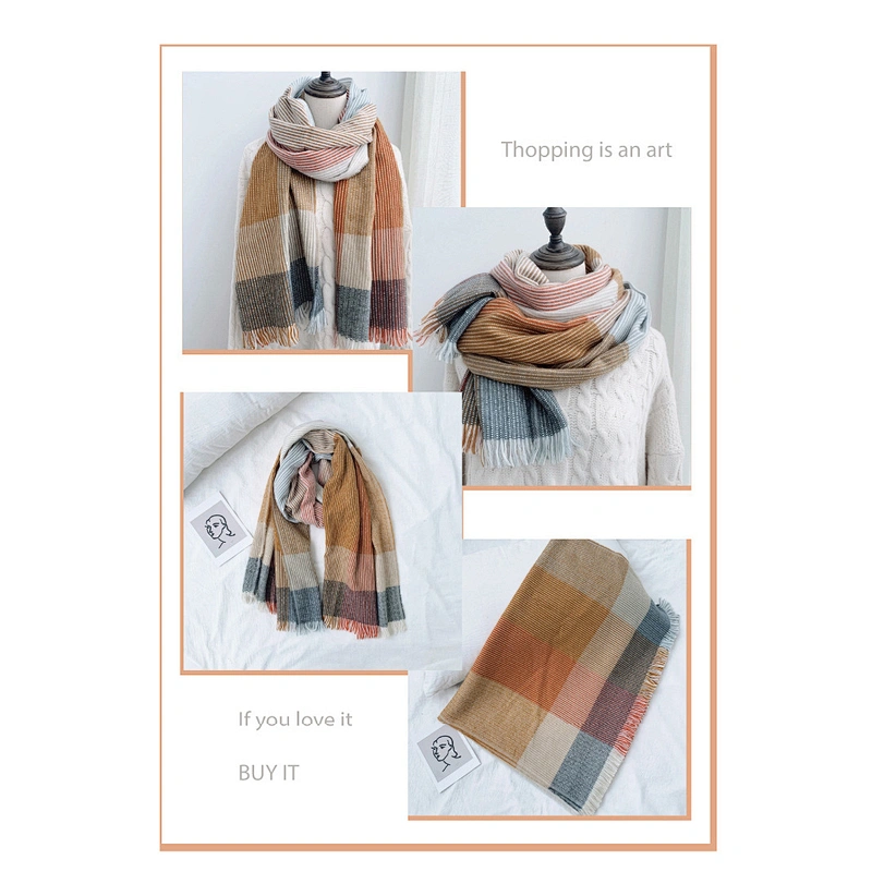 Best Selling Stripes Lattice Cashmere Scarf Women Europe America Thickened Warmth Double-Sided Shawl
