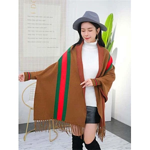 Western Style Ladies Double Side Warm Tassels Fringe Vertical Stripe Long Cashmere Poncho Shawl